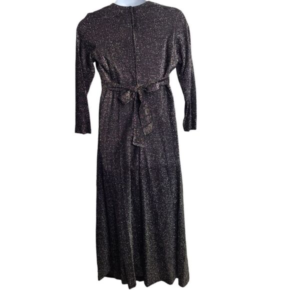 VINTAGE 70s silver sparkle long sleeve v-neck tie back maxi gown dress L - Picture 3 of 11